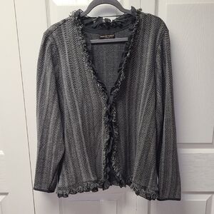 Dana Buchman Black and Gray Ruffled Fringed Cheveron 30%Wool Cardigan Witchy 2X